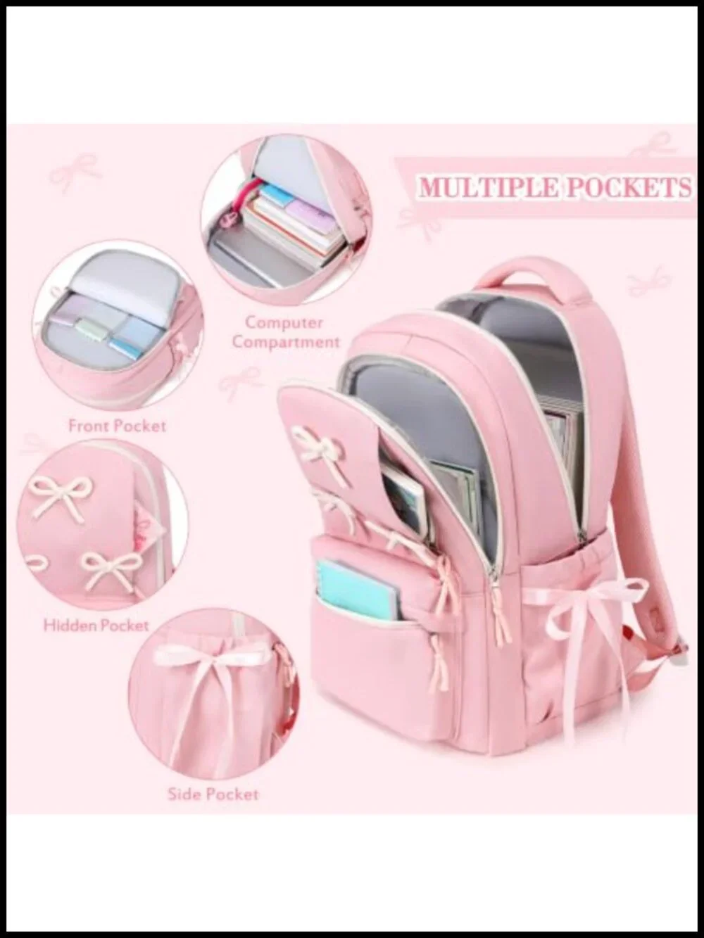 Girls Bow Backpack Set with Lunch Box Pencil Case, Waterproof Nylon, School